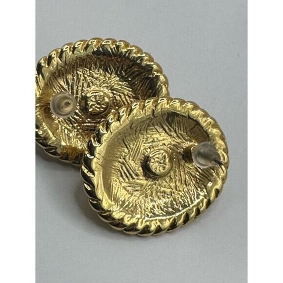 Vintage Gold-Tone & Black Oval Earrings With Faux Pearl Center - Picture 4 of 7